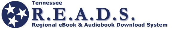 Logo for Tennessee R.E.A.D.S., Regional eBook & Audiobook Download System; features three white stars in a blue circle and the program name in blue text.