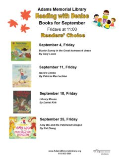 Flyer for Reading with Denise at Adams Memorial Library, featuring a list of children’s books for September, with book covers, dates, and author names, plus playful graphics of kids and a dragon.