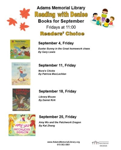 Library reading program poster for Adams Memorial Library featuring book titles and dates for September events.