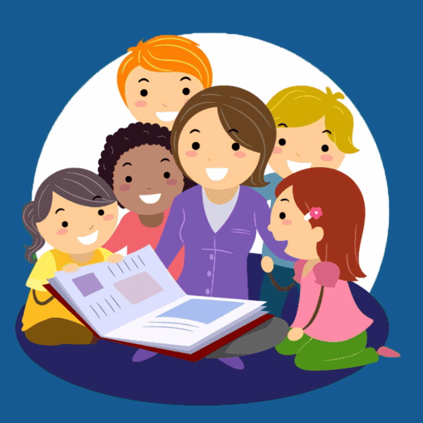 An illustration of a smiling adult reading a large book to five cheerful children sitting around them, all appearing engaged and happy against a blue background.