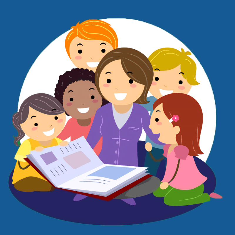 An illustration of a smiling adult reading a large book to five cheerful children sitting around them, all appearing engaged and happy against a blue background.